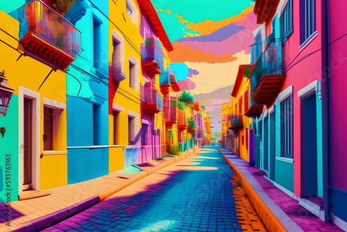 Panorama of the street with colorful houses. Impressionist mixed abstract art color, highly detailed wallpaper - generative ai