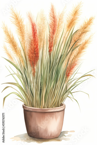 Botanical Watercolor Illustration of Pampas Grass in Pot. Generative AI