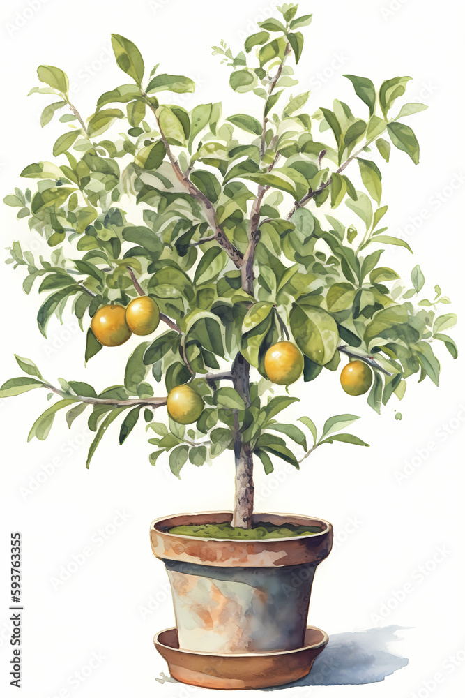 Botanical Watercolor Illustration of Pear Tree in Pot. Generative AI
