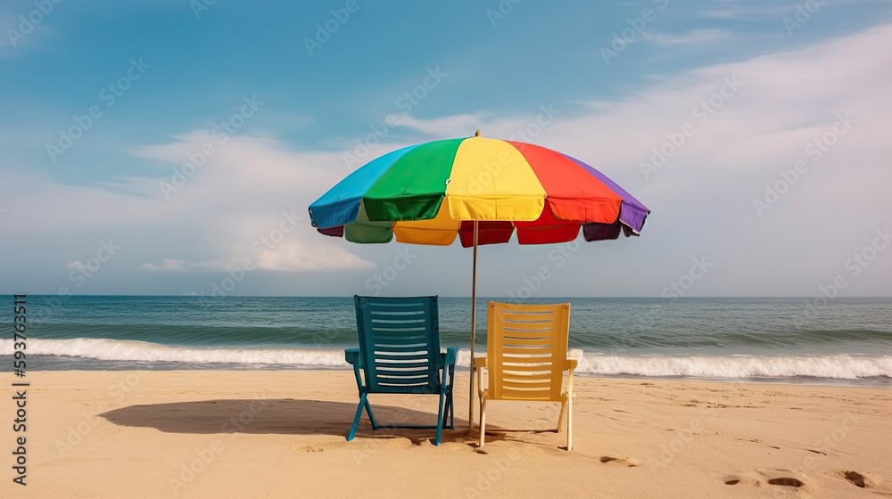Two empty seats under a multicolored rainbow umbrella stand on a sandy beach against the background of beautiful blue sea. Generative AI
