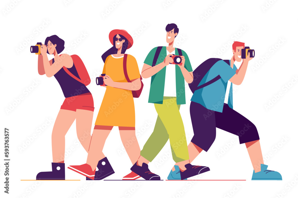 Naklejka premium Vector illustration of a group of enthusiastic friends tourists travelers taking photo pictures using cameras