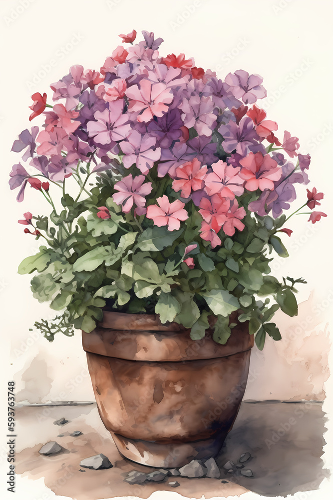 Botanical Watercolor Illustration of Phlox in Pot. Generative AI
