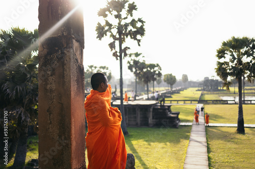 Buddhist monk in Angkor Wat temple photo