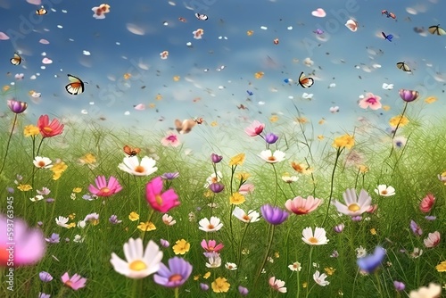 A beautiful field of flowers with flying petals  ai generated.