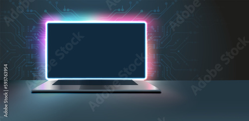 blank screen and a desk in a dark room with blue lighting. Technological background with a laptop. Vector illustration Metallic Laptop Mock-Up on stand and blue light placed 