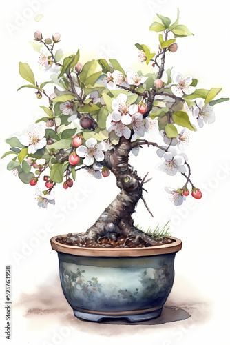 Botanical Watercolor Illustration of Plum Blossom in Pot. Generative AI