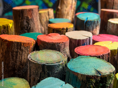 Colorful wooden logs. Multicolored wooden logs. 