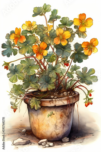Botanical Watercolor Illustration of Potentilla in Pot. Generative AI