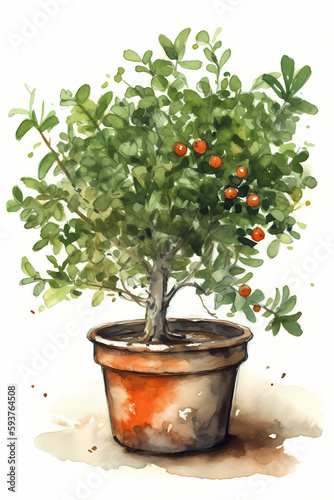 Botanical Watercolor Illustration of Pyracantha in Pot. Generative AI