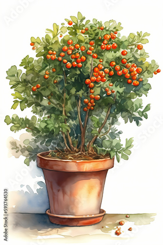 Botanical Watercolor Illustration of Pyracantha in Pot. Generative AI