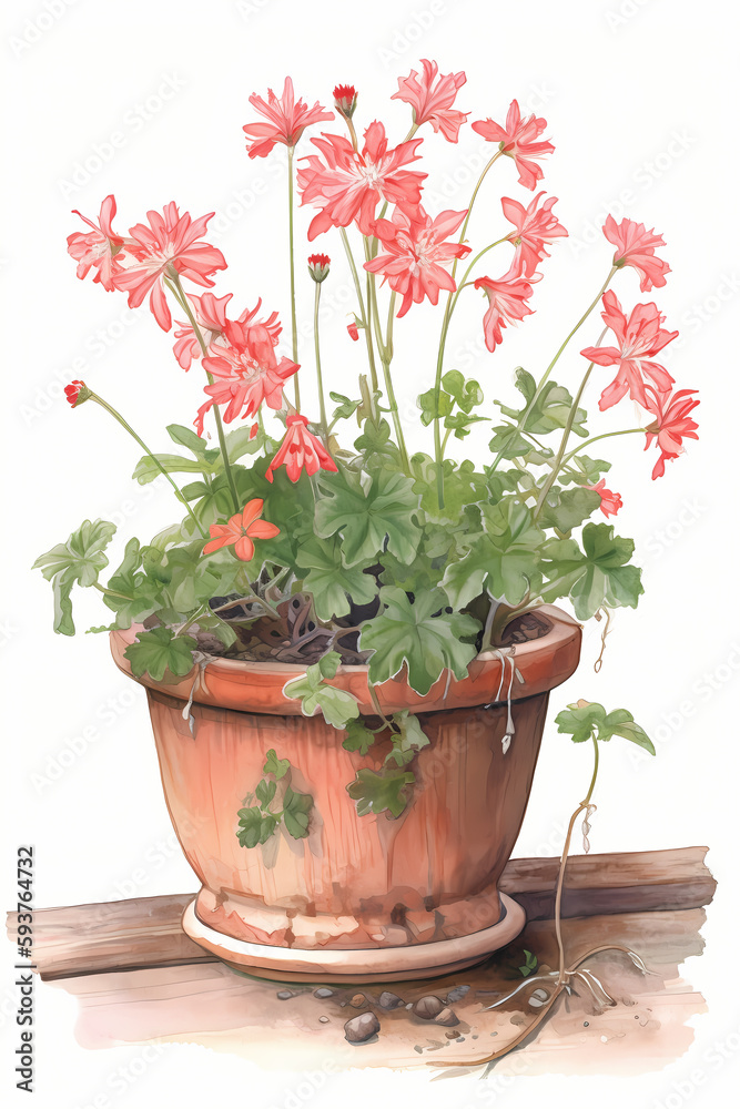 Botanical Watercolor Illustration of Ragged Robin in Pot. Generative AI