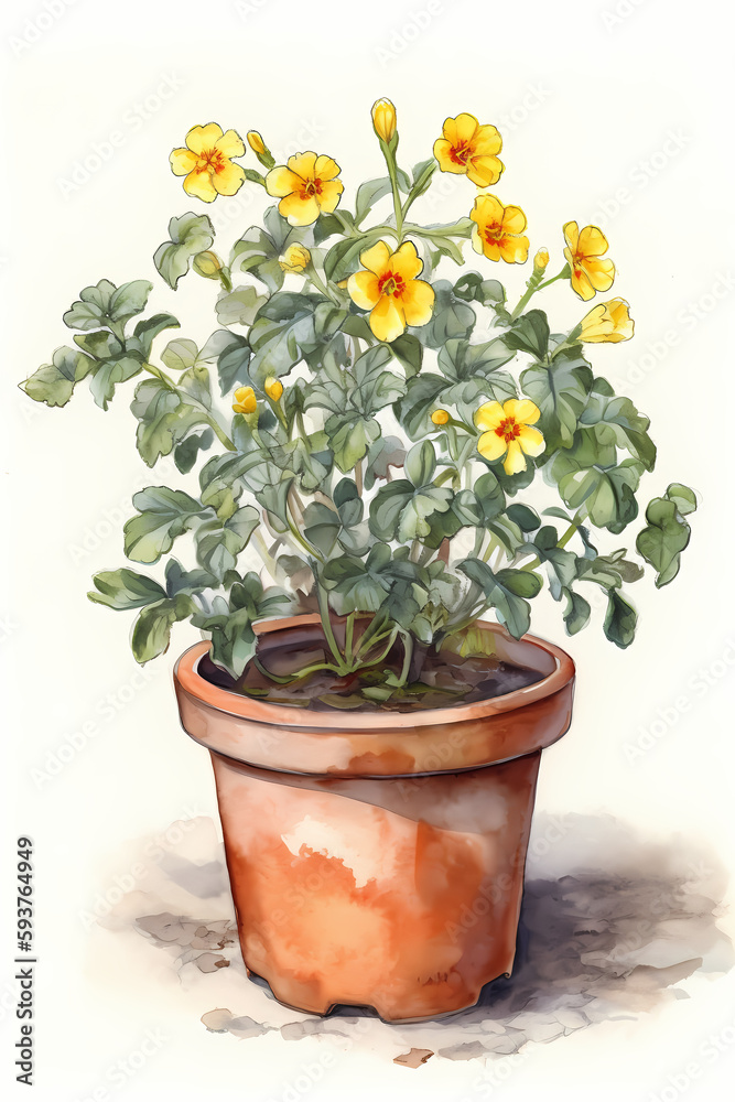 Botanical Watercolor Illustration of Rock Rose in Pot. Generative AI