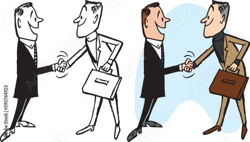 A vintage retro cartoon of two businessmen shaking hands over an agreement. 