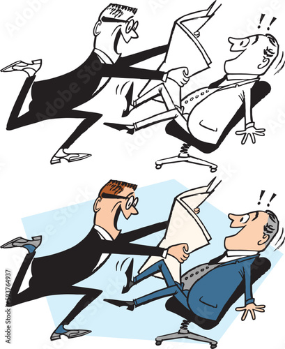 A vintage retro cartoon of two businessmen sharing exciting news. 