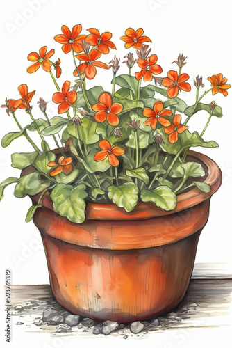 Botanical Watercolor Illustration of Scarlet Pimpernel in Pot. Generative AI