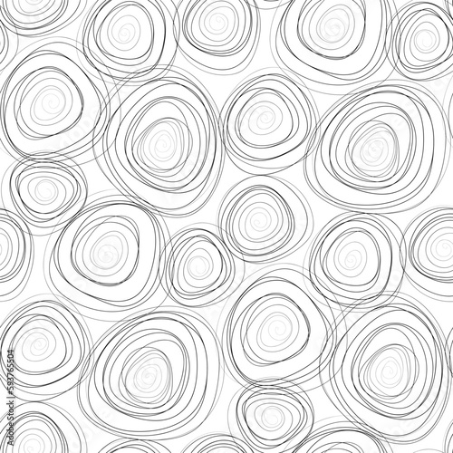 Small black thin spiral circles isolated on white background. Monochrome geometric seamless pattern. Vector simple flat graphic hand drawn illustration. Texture.
