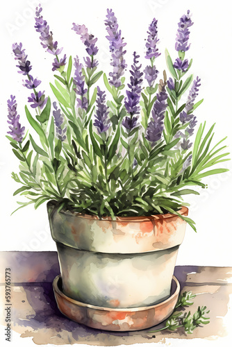 Botanical Watercolor Illustration of Spanish Lavender in Pot. Generative AI
