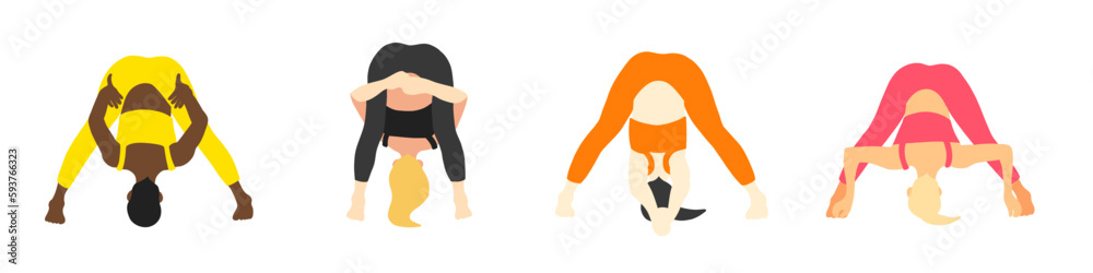 Fototapeta premium Flexibility yoga poses collection. European, African, Asian female, lady, woman, girl. Pilates, mental health, training, gym. Vector illustration in cartoon flat style isolated on white background.