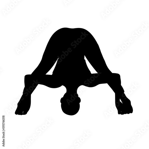 Training in yoga pose female character. Meditation, pilates, mental health. Black shadow style. Female, lady, woman, girl. Vector illustration in cartoon flat style isolated on white background.