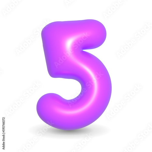 Luxury, colorful and glossy purple balloon digit five. 3d realistic design illustration isolated on white and alpha background. For Party, Happy Birthday, Events.