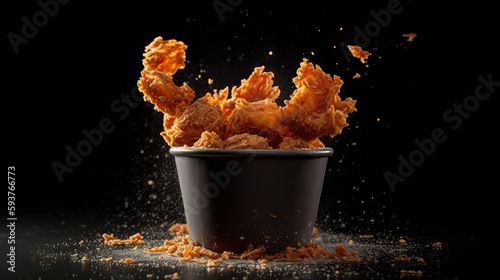 ?hicken basket, flying chicken nugets, isolated black background. AI generated photo