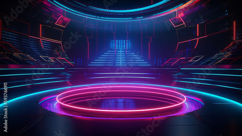 Purple empty scene with blue line neon lamps on background and pink digital podium. AI generated
