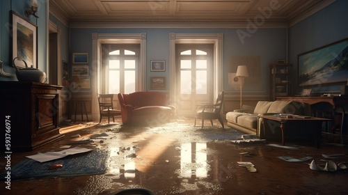 Flooded flat interior, living room. Generative AI
