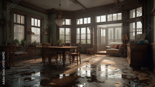 Flooded flat interior, living room. Generative AI
