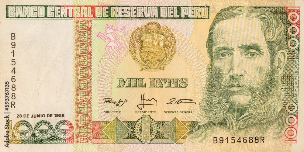 Old Peruvian bill of a thousand intis in color