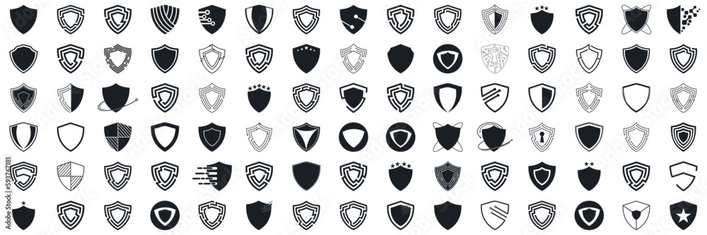 Shield icon set in vintage style. Protect shield security line icons. Badge quality symbol, sign, logo or emblem. Vector illustration - obrazy, fototapety, plakaty 