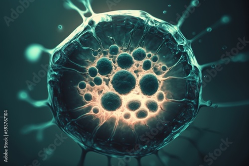  Human cell. Embryonic stem cell microscope. Components of Eukaryotic cell, nucleus and organelles and plasma membrane. Medicine, microbiology, dna, molecule. Generative AI.