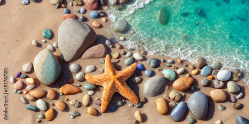 Ocean beach on a sunny day with starfish, stones and sea pebble. Seascape illustration with sand beach, foam surf waves and turquoise water. Generative AI