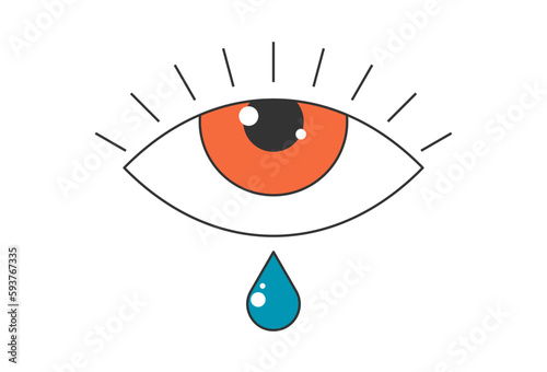 Retro boho open red eye with tear drop. Psychedelic groovy hippie style badge. Vintage hippy crazy esoteric pupil and teardrop sticker design. Abstract 60s, 70s, 80s trendy y2k vector eps illustration