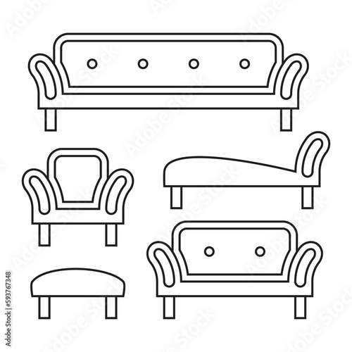 Sofa and armchair icon set, black line isolated on white background, vector illustration.