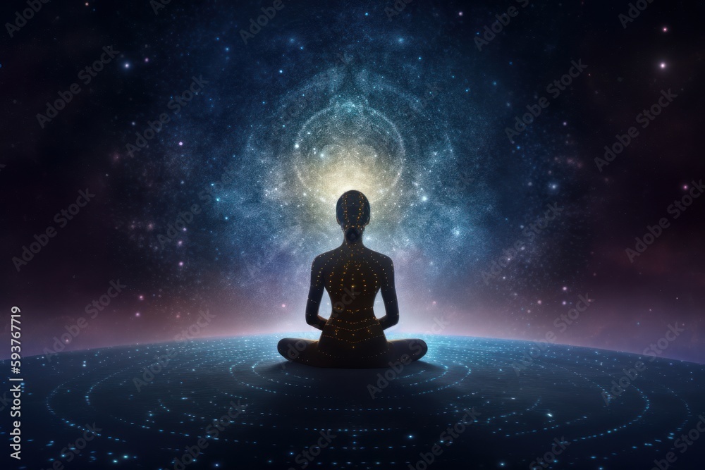 Meditating Woman Amid Glowing Galaxy in Lotus Pose, Generative AI