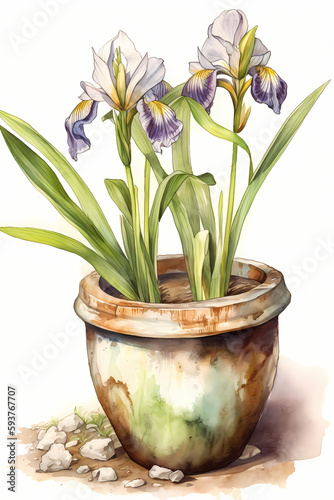 Botanical Watercolor Illustration of Water Iris in Pot. Generative AI