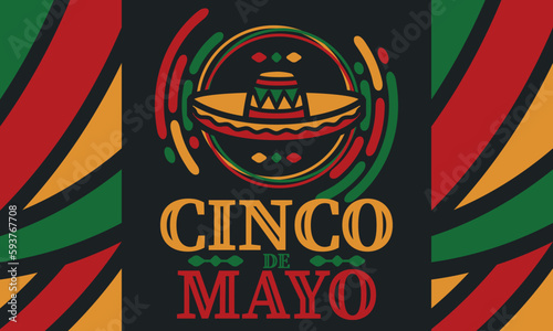 Cinco de Mayo in Mexico. Traditional mexican fiesta in May. National happy holiday with carnival, festival and parade. Latin american and spanish pattern. Illustration with sombrero. Vector poster