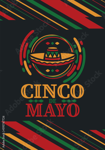 Cinco de Mayo in Mexico. Traditional mexican fiesta in May. National happy holiday with carnival  festival and parade. Latin american and spanish pattern. Illustration with sombrero. Vector poster