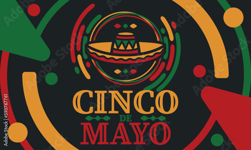 Cinco de Mayo in Mexico. Traditional mexican fiesta in May. National happy holiday with carnival, festival and parade. Latin american and spanish pattern. Illustration with sombrero. Vector poster