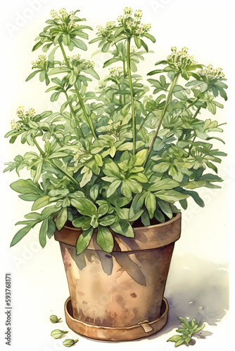 Botanical Watercolor Illustration of Woodruff in Pot. Generative AI