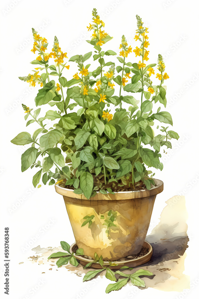 Botanical Watercolor Illustration of Yellow Loosestrife in Pot. Generative AI