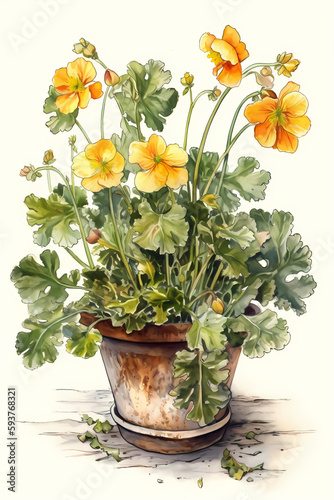 Botanical Watercolor Illustration of Yellow Horned Poppy in Pot. Generative AI