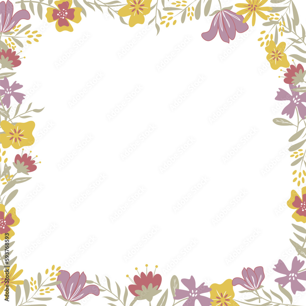 Square shape flower border. Vector design with fantastic handdrawn flowers and leaves. Square shape flower border. Vector design with fantastic handdrawn flowers and leaves.