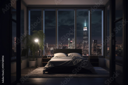 Urban bedroom with the new york city skyline as night view 3d rendering interior made with generative AI tools (ID: 593768936)