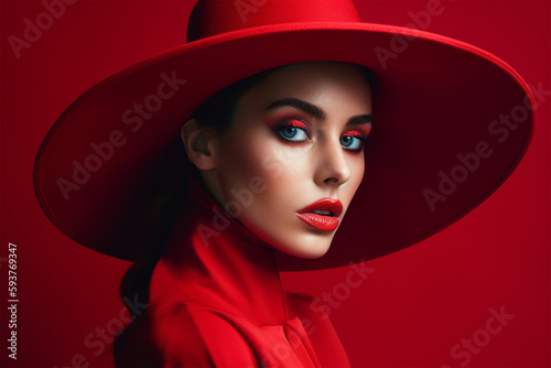 beautiful showy model in a red hat red clothes on a red background. Generative AI © Margo_Alexa
