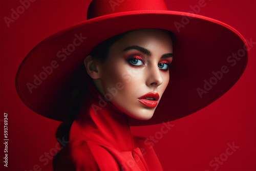 beautiful showy model in a red hat red clothes on a red background. Generative AI photo