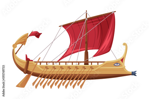 Trireme Ancient Vessel and Type of Galley as Greece Traditional Cultural Symbol Vector Illustration