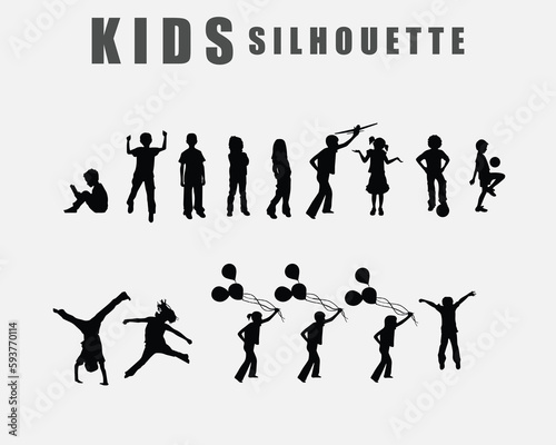 set of silhouette group kids running  laughing  playing together enjoy the happiness