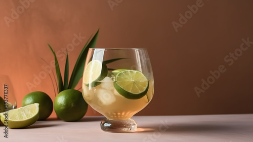 Ti punch alcoholic cocktail with agricole white rum, sugar syrup and lime, traditional Caribbean drink. Beige background, minimal style. made with ai