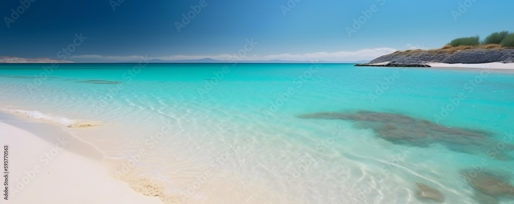 Panoramic view of a a beach of light sand. Sea and sun holiday design theme. Created with generative AI